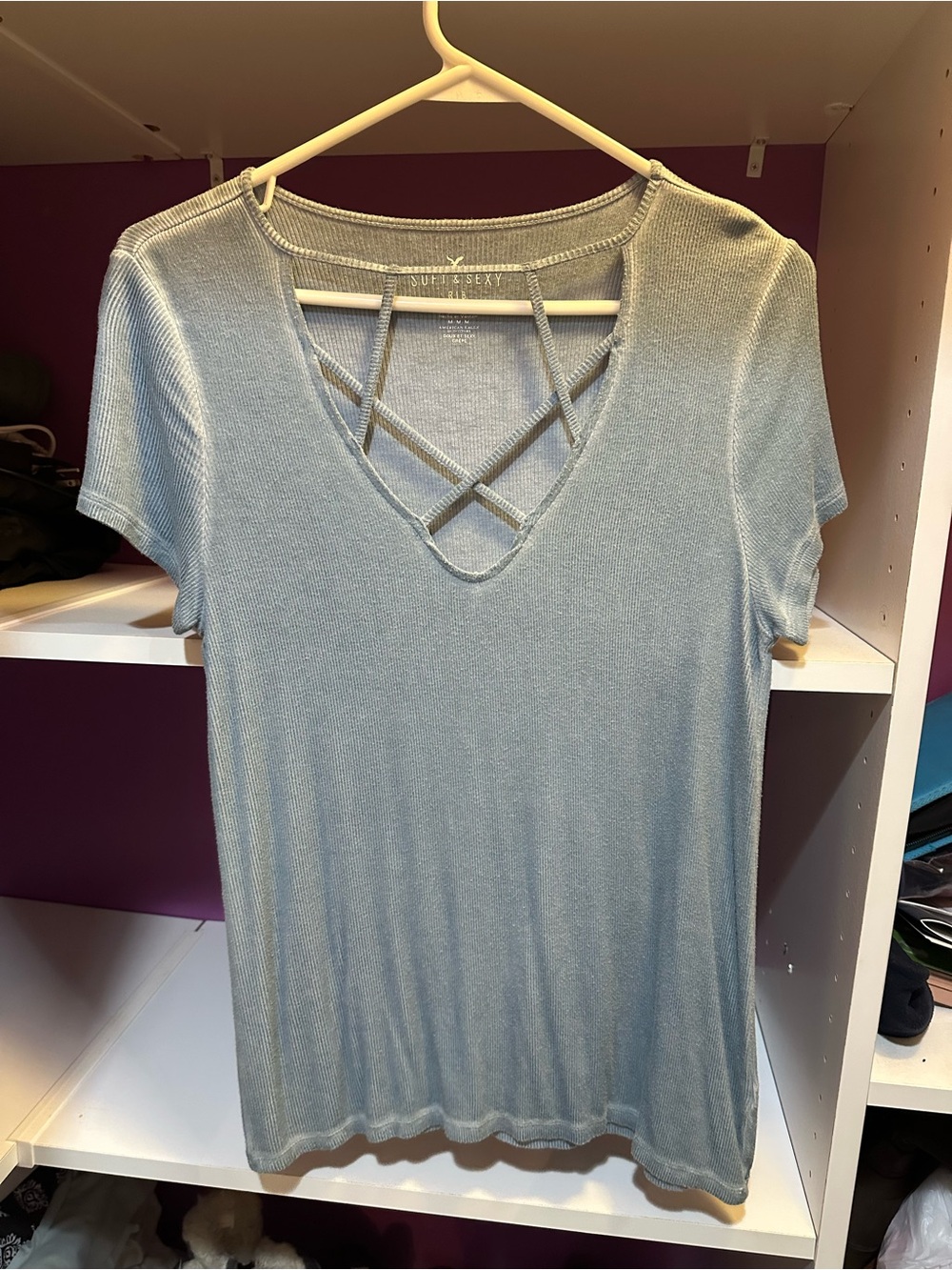 American Eagle Outfitters Light Blue Crisscross V-Neck Short Sleeve Top